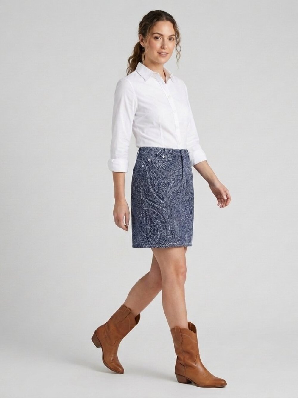 Nine West Paisley Western Denim Skirt Sz 10/30 Boho Cowgirl Y2K Fall VTG Chic
